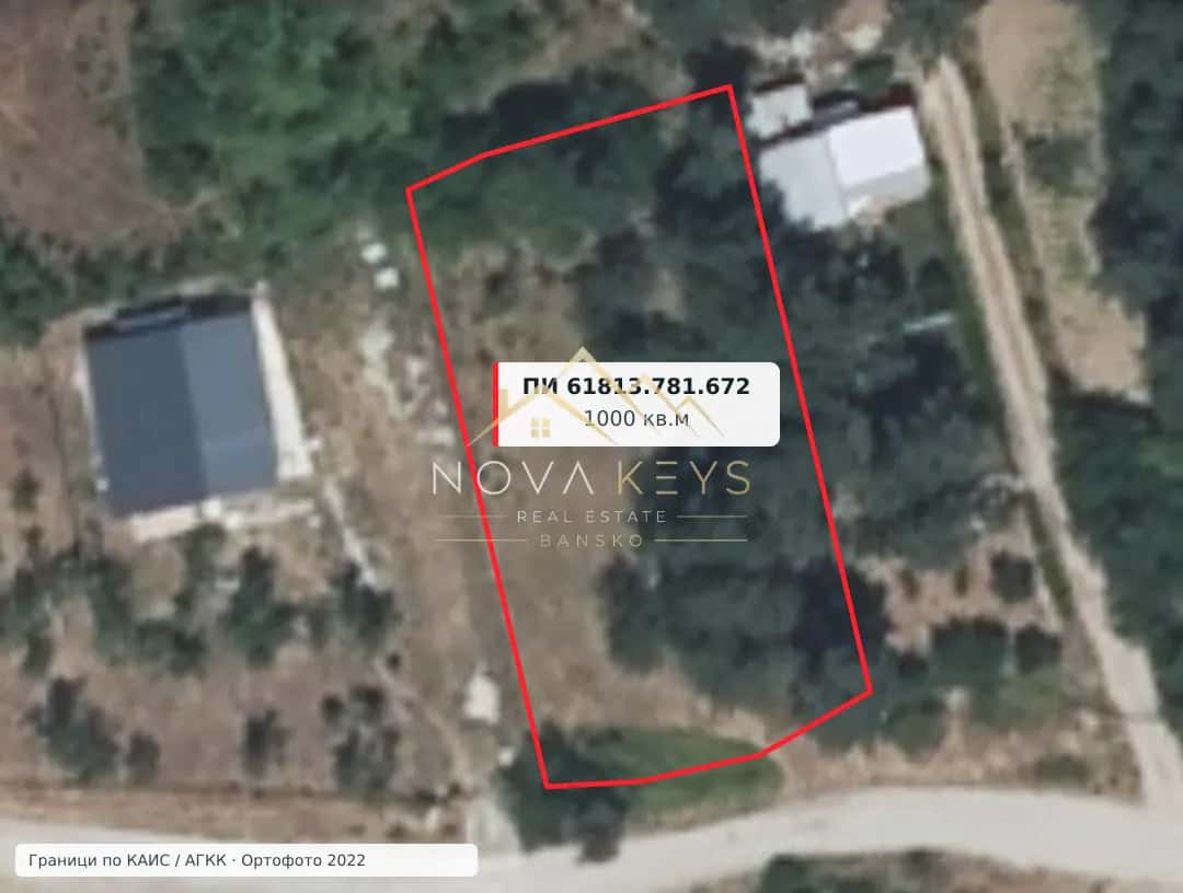 Aerial plot outline with trees and road, plot for sale in Razlog.