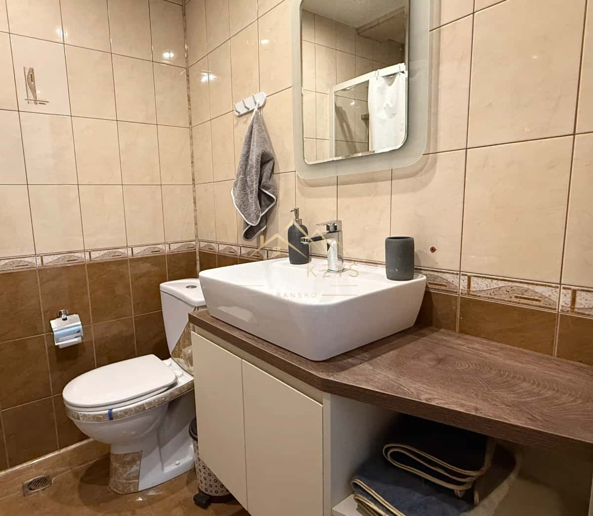 Bathroom with toilet, vessel sink, and mirror, three-bedroom apartment for rent in Bansko centre.