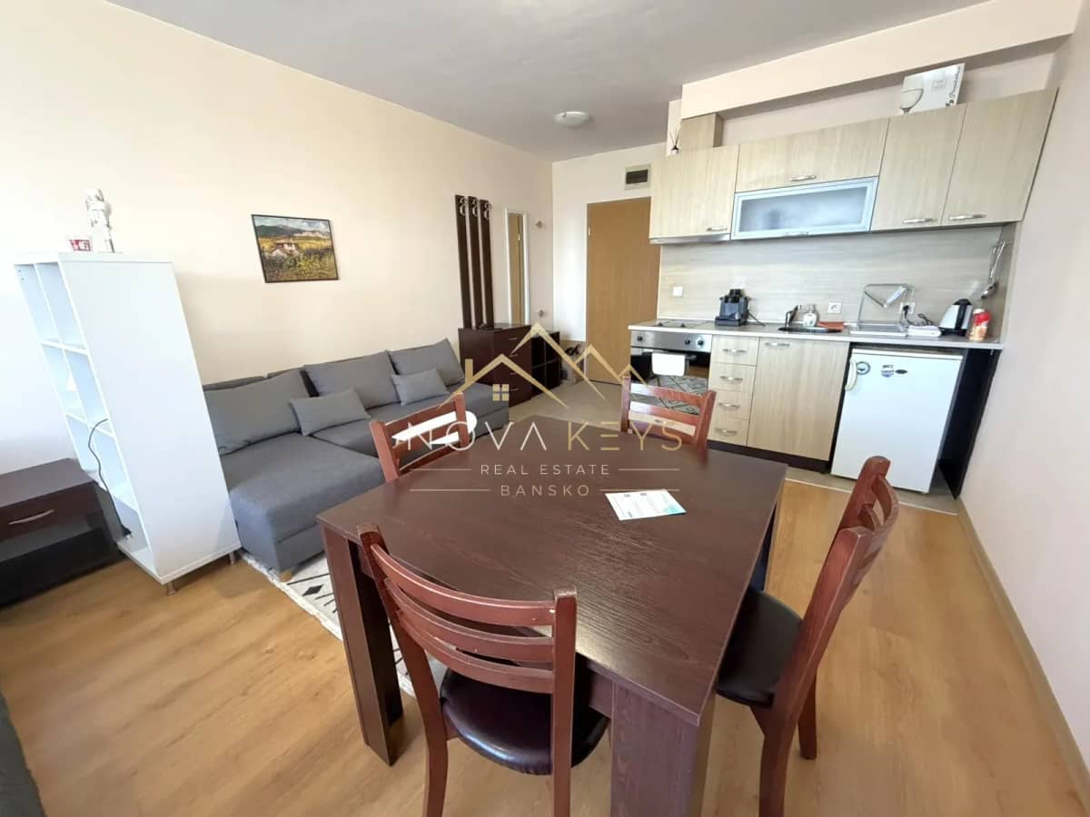 Open-plan living room with kitchenette and dining table, studio for rent in Razlog.