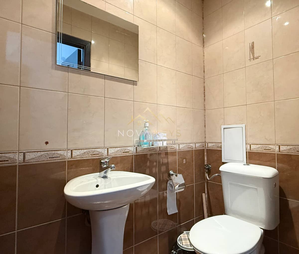small tiled bathroom with sink and toilet, three-bedroom apartment for rent in Bansko centre.