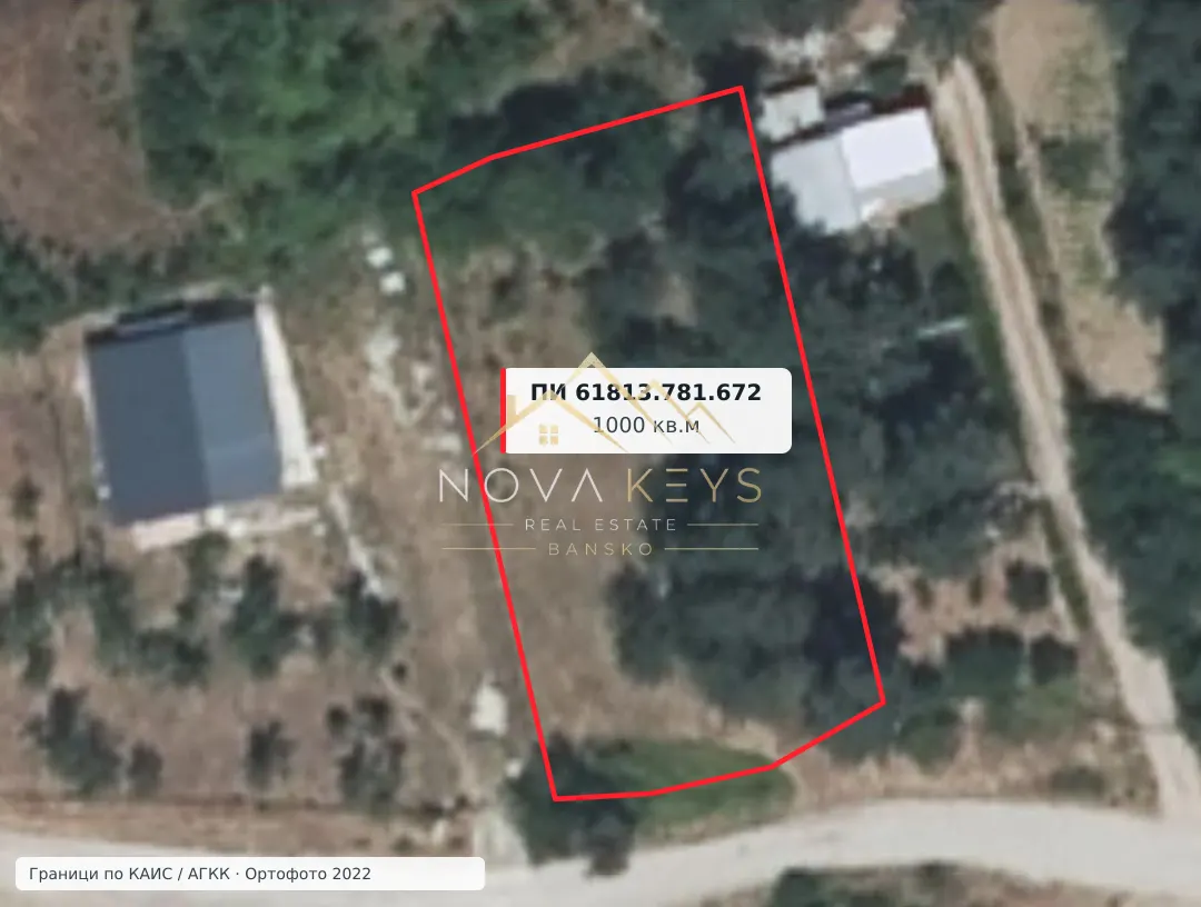 Aerial plot outline with trees and road, plot for sale in Razlog.