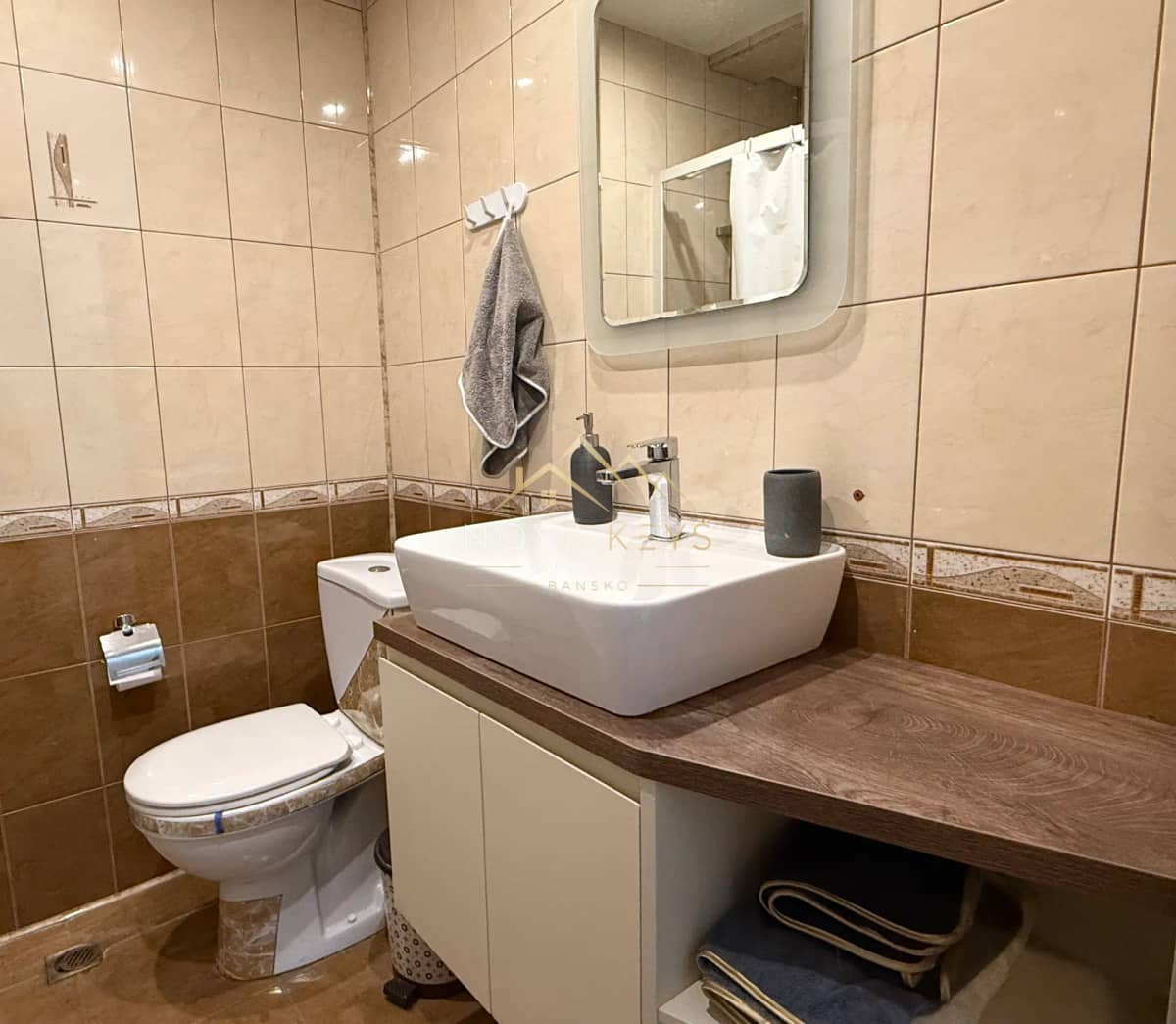 Bathroom with toilet, vessel sink, and mirror, three-bedroom apartment for rent in Bansko centre.