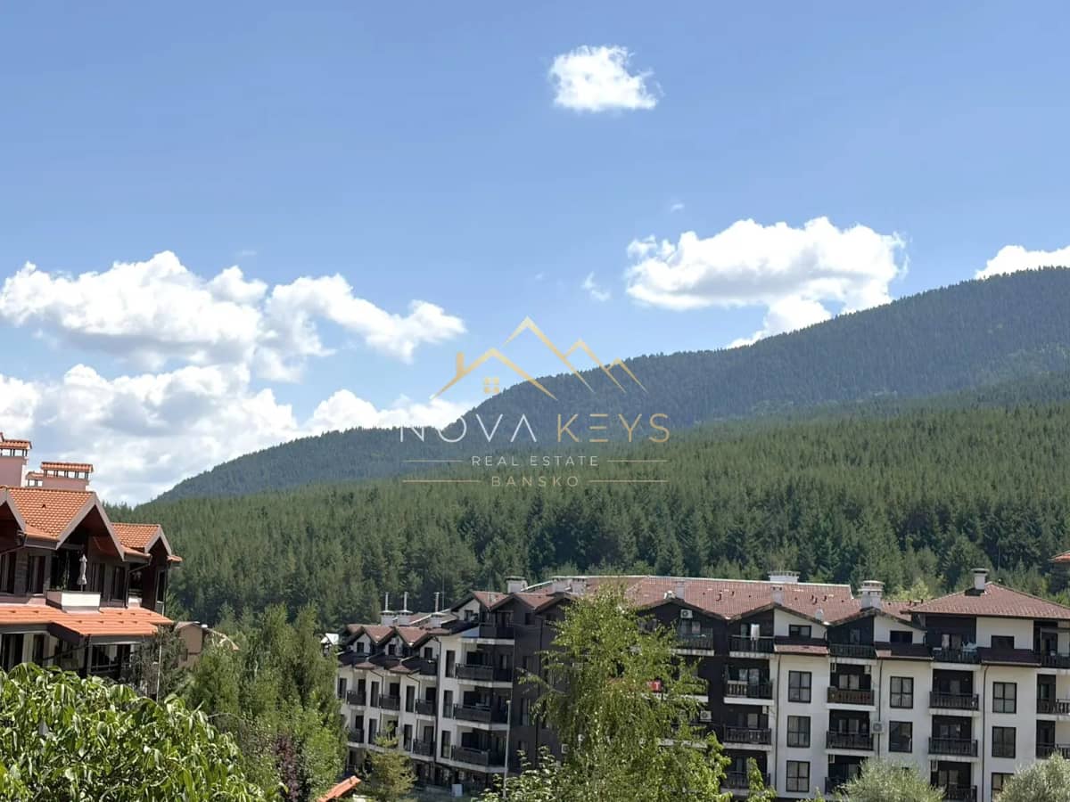 Mountain view with apartment buildings, three-bedroom apartment for sale in the Bansko ski area.