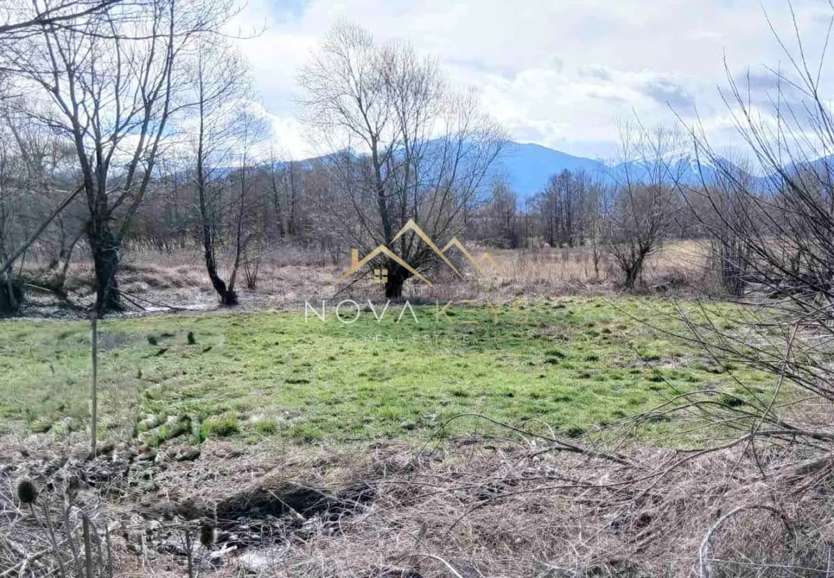 Grassy field with trees and mountains, agricultural land for sale in Banya.