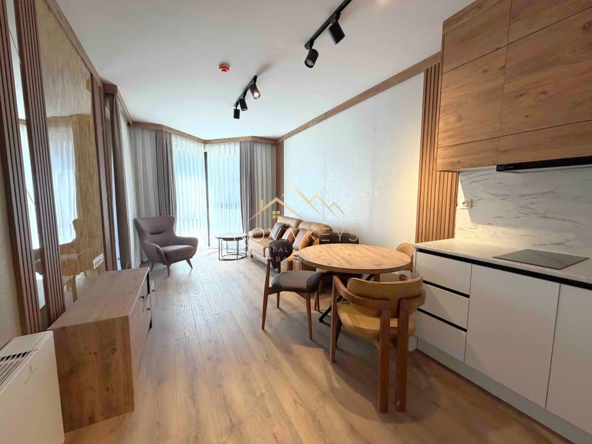 open-plan living and dining room with kitchen, two-bedroom apartment for sale in the Bansko ski area.