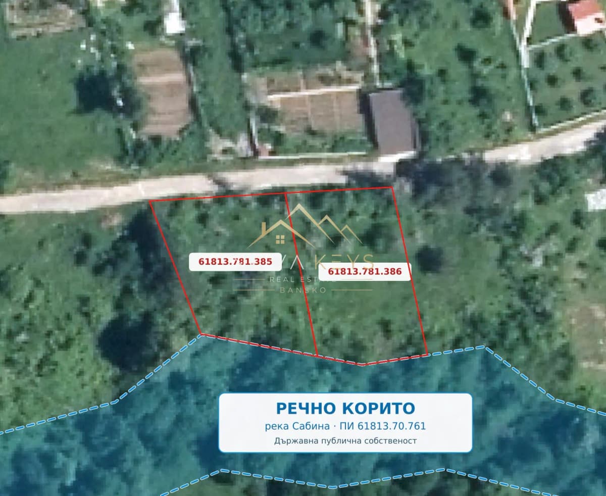 aerial map of two outlined land parcels by a road, agricultural land for sale in Razlog.